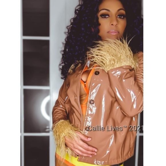 Callie Lives Jackets & Blazers - Callie Mongolian: Shiny Nude Vegan Patent Leather Faux Fur Collar Blazer